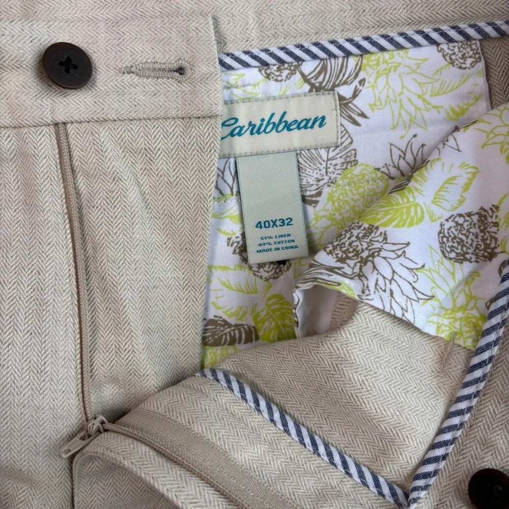 Caribbean Linen Blend Pants Mens 40x31 Beige Herringbone Resort Beach Wedding
